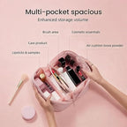 Petition Travel Makeup Bag for Woman,Festivalment Lay Flat Makeup Bag, Wide Open Water-Resistant Cosmetic Case,Puffy Padded Organizer for Toiletries & Brushes Large Capacity with Compartments (Khaki)