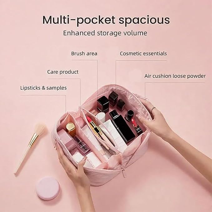 Petition Travel Makeup Bag for Woman,Festivalment Lay Flat Makeup Bag, Wide Open Water-Resistant Cosmetic Case,Puffy Padded Organizer for Toiletries & Brushes Large Capacity with Compartments (pink)