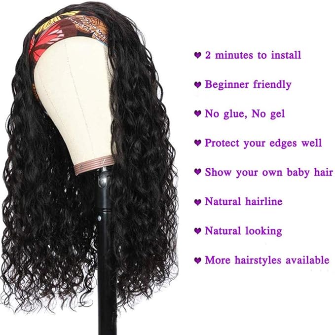 KLAIYI Headband Human Hair Wig Water Wave Curly Non Lace Front Wigs for Black Women Deep Wave Glueless Wear and Go Half Wig with Band 30S Ready to Go Beginner Friendly 180% Density Full Natural 26Inch