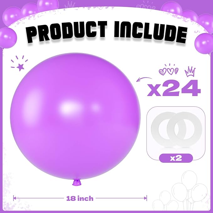 Purple Balloons 18 Inch 24 Pack Matte Helium Latex Round Balloons - Image 2