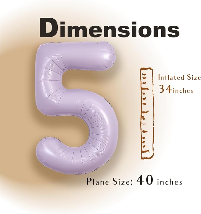 SUWEN 40 Inch Light Purple Lavender Big 5 Balloon Number Foil Helium 0-9 | 5th - Image 2
