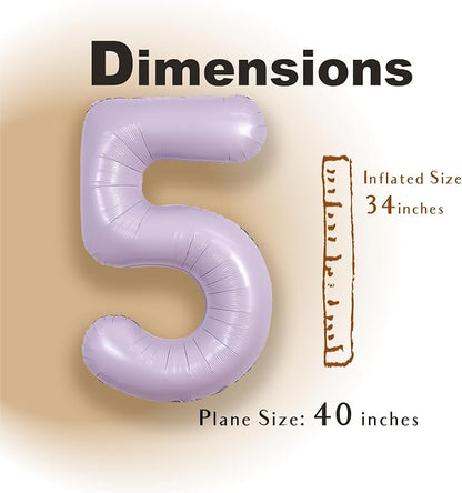 SUWEN 40 Inch Light Purple Lavender Big 5 Balloon Number Foil Helium 0-9 | 5th - Image 2