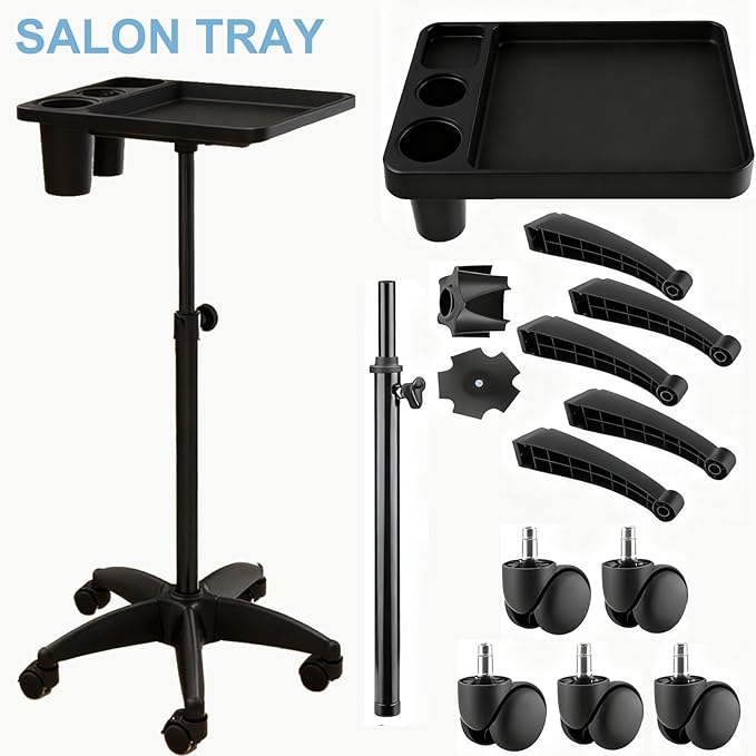 Salon Rolling Tray, Height Adjustable Tattoo Tray Rolling Cart, Storage Utility Trolley for Spa, Beauty Salon Service, Hairdresser Cart with Wheels, Black (Upgrade Black-TRAY-158N)