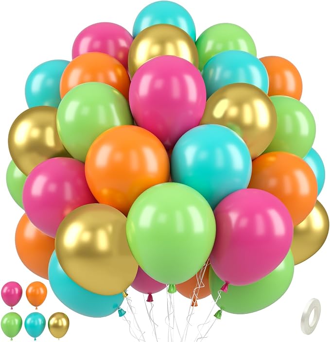Paready Tropical Balloons Set, 12 Inch Hot Pink Orange Teal Green Metallic Gold by Paready