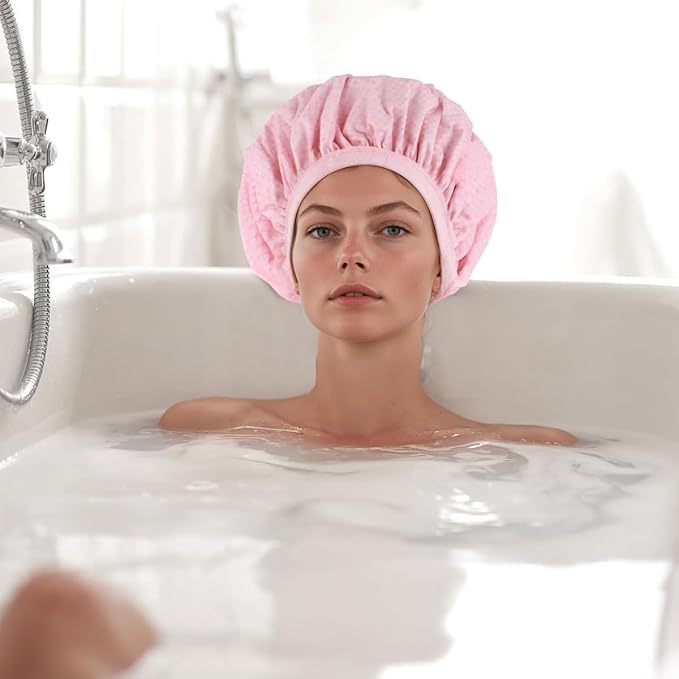 2 Pack Shower Caps for Women - Deep Conditioning Hot Oil Steam Cap for Shower, Spa, Travel & Cooking Reusable Waterproof Double Layer Hair Treatment Caps(Pink Set)
