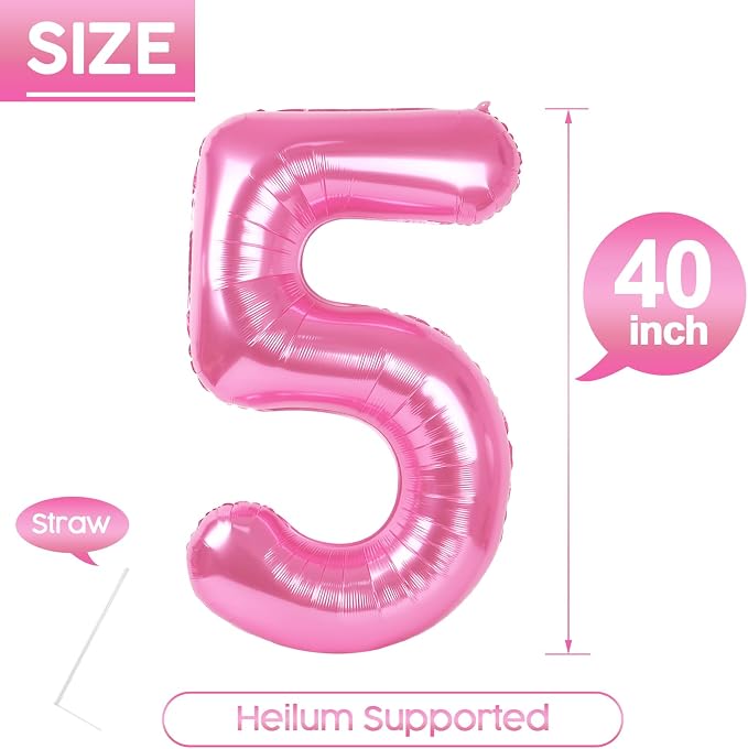 5 Balloon - Pink Birthday Number Balloons, 40 Inch Decorations Men Women | Pink - Image 5