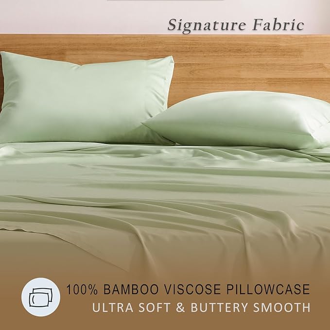 TOSMO Luxury Pillow Case Set of 2 - Cooling Viscose Derived from Bamboo, Oeko-TEX, Breathabl Silky Soft Pillow Cases with Envelope Closure (Standard, Light Green)