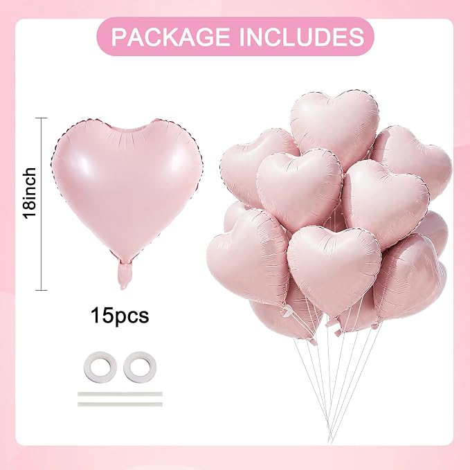 TONIFUL 15 Pcs Baby Pink Heart Balloons 18 Inch Heart Shape Foil Balloon | - Image 2