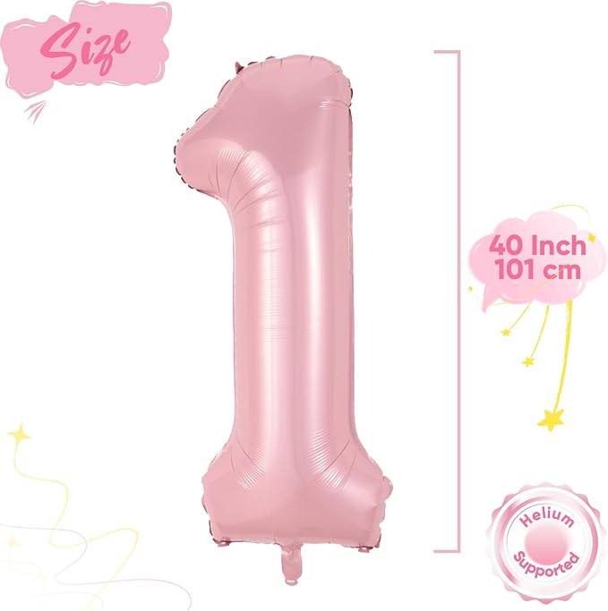 Light Pink 1 Balloon, 40 Inch Large Pastel Pink Foil Helium Number Balloons 0-9 - Image 2