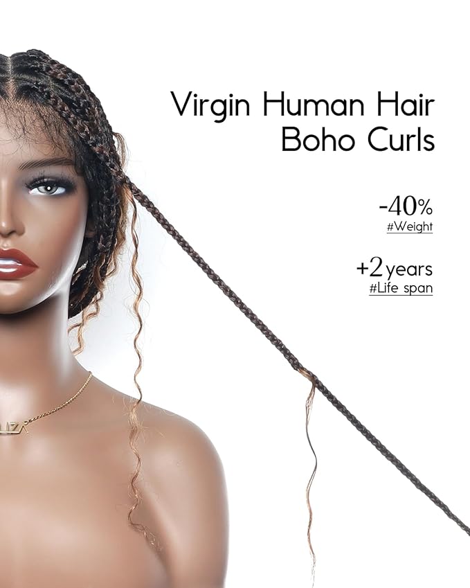 Human Hair Boho Curls Hand-Tied HD Full Lace Wig - 36" Salon-Level Small Box Synthetic Braids (79 Braids, Medium Density) Pre-Cut Swiss HD Lace, Pre-Plucked, Tangle-Free - 1B/27 Honey Blond