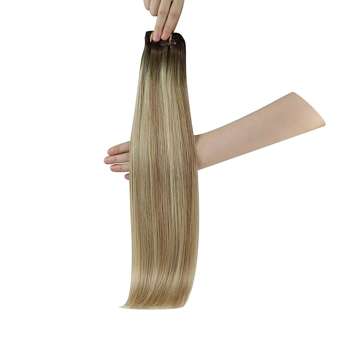 YoungSee Clip in Hair Extensions Human Hair Brown Ombre Clip in Human Hair Extensions Walnut Roots to Light Brown with Blonde Clip in Extensions Ease of Use 18Inch 7Pcs 120G