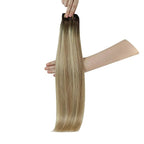 YoungSee Clip in Human Hair Extensions Balayage Walnut Brown Ombre Light Brown with Blonde Clip in Hair Extensions Balayage Human Hair Clip in Extensions Dyable Remy Hair 14Inch 7Pcs 120G