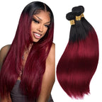 Ombre Human Hair Bundles 1B99J Straight Bundle Niegmeag Brazilian Virgin Remy Hair 3 Bundles 24 26 28 Inch 2 Tone Black and Burgundy Straight Bundle 150g