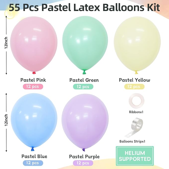 Pastel Balloons 12 Inch 60 Pcs Pastel Rainbow Light Pink Blue Green Purple - Image 2