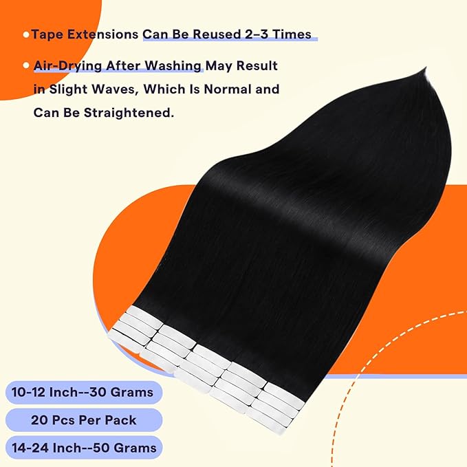 Full Shine Tape in Hair Extensions Human Hair 20 PCS Natural Color 1 Jet Black 22 Inch Invisible Double Sided Remy Human Hair Tape in Extensions 50g Straight Seamless Soft Hair for Wedding