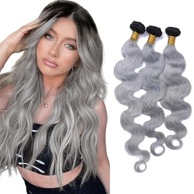 30 32 34 Inch Ombre Bundles Human Hair Grey Body Wave Bundle Brazilian Virgin Remy Hair Extensions Double Weft 2 Tone Black and Silver Body Wave Bundle Hair Weave 300g