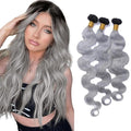30 32 34 Inch Ombre Bundles Human Hair Grey Body Wave Bundle Brazilian Virgin Remy Hair Extensions Double Weft 2 Tone Black and Silver Body Wave Bundle Hair Weave 300g