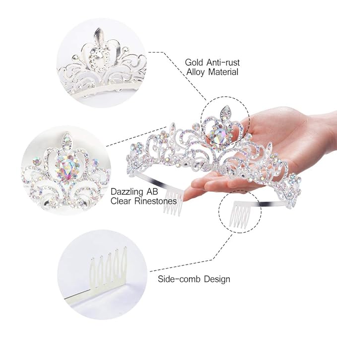 Didder Crystal AB Rhinestone Tiaras and Crowns for Women - Princess Elegant Headband with Comb - Birthday Crowns for Girls