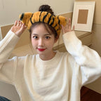 2pcs Tiger Plush Hairbands for Women Wide Elastic Fuzzy Head Wraps with Cute Ears Soft Spa Headbands for Face Washing Makeup Skincare Shower and Mask Application White Yellow