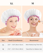 mikimini White Large Shower Cap for Women Long Hair, Reusable Waterproof Double Layers Bathing Hair Cap Soft Comfortable PEVA Lining, Cute, Non-fading & Stretchy Shower Hat X-Large Pack of 1