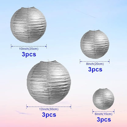 Silver Paper Lanterns 12 Pcs Assorted Size of 6" 8" 10" 12" Chinese Round Paper - Image 2