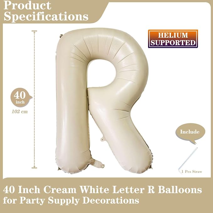 Cream White Letter R Balloons, 40 Inch Giant Foil Mylar Helium Balloons - Image 2