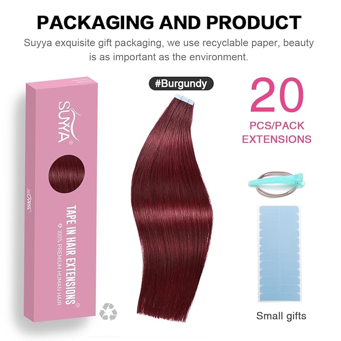 SUYYA Tape in Hair Extensions Human Hair Wine Red 14 inch 100% Remy Human Hair 40g/pack 20pcs Straight Seamless Skin Weft Tape Hair Extensions 99j (14 inches #Burgundy)