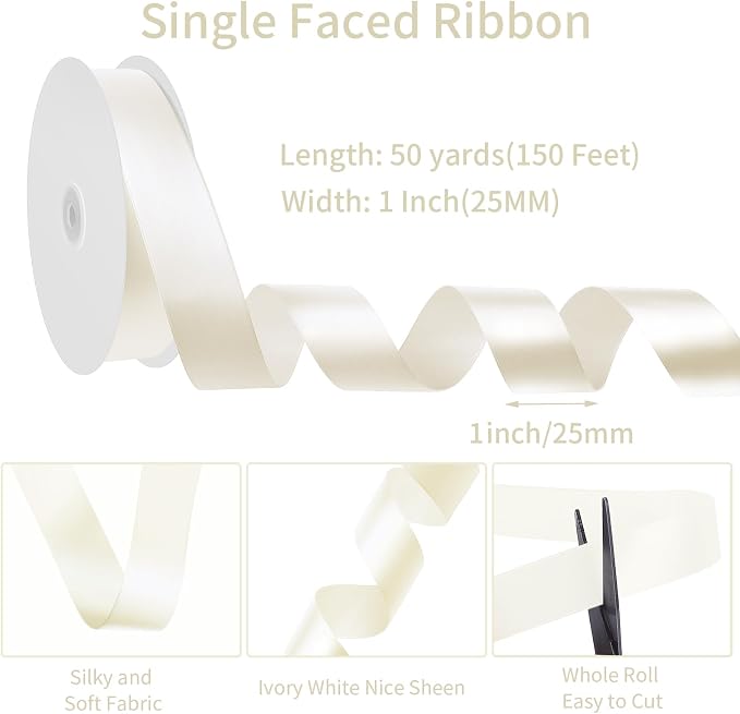 woric Ivory Satin Ribbon 1 Inch 50 Yards Cream Ribbon | Single-face Polyester - Image 2
