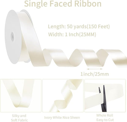 woric Ivory Satin Ribbon 1 Inch 50 Yards Cream Ribbon | Single-face Polyester - Image 2