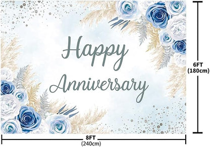 MEHOFOND Boho Happy Anniversary Backdrop Blue Floral Bohemia Pampas Grass - Image 4