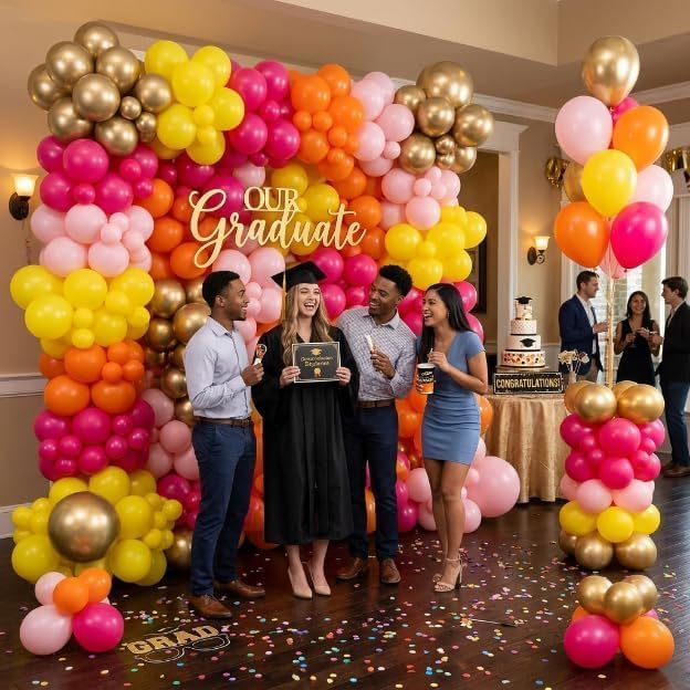 HILAVO Pink Orange Yellow Balloons, 12 Inch Hot Pink Orange Yellow and Gold - Image 8