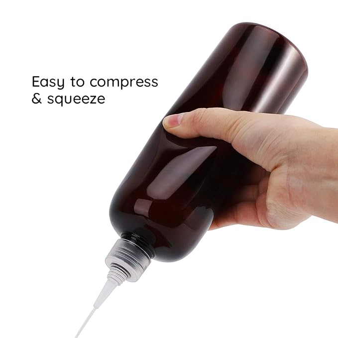 Segbeauty 16.9oz Amber Squeeze Bottles, 2 Packs 500ml Refillable Hair Dye Applicator Bottles with Twist Top Cap Tip, PET Brown Colored Angled Tip Plastic Empty Dyeing Tool for Hair Color Hairdressing