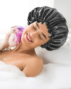 Aquior Shower Caps, Reusable Shower Cap for Women, Double Layer Waterproof Hair Cap, Large Size for All Hair Lengths,for Girls Spa Home Salon Use (Black)