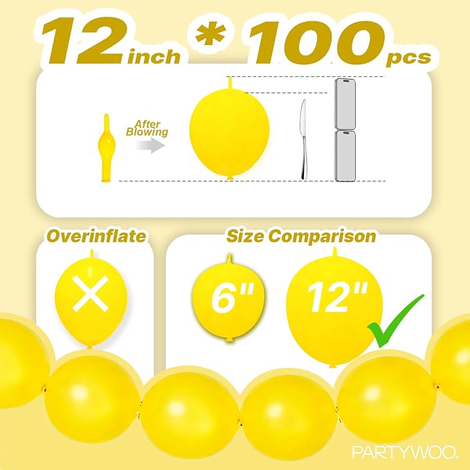 PartyWoo Yellow Linking Balloons 100pcs 12 Inch Yellow Link Balloons | - Image 4