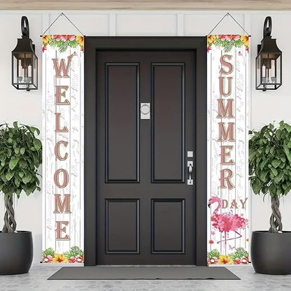 BlissYard 2pcs Welcome Summer Door Banner Hawaiian Flamingo Porch Banners Sign by BlissYard