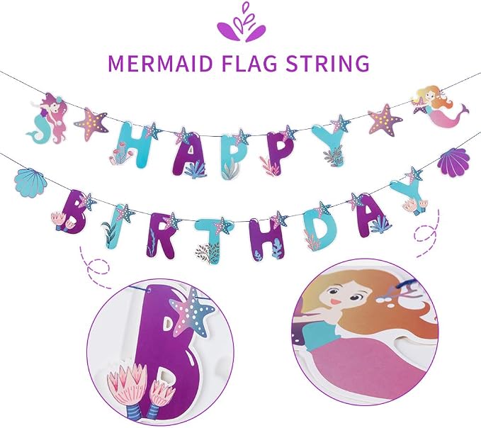 SUNBEAUTY Mermaid Happy Birthday Banner Little Mermaid Theme Birthday - Image 3