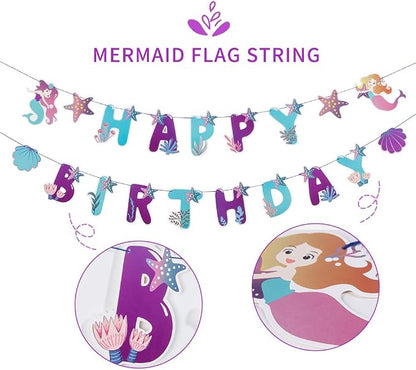 SUNBEAUTY Mermaid Happy Birthday Banner Little Mermaid Theme Birthday - Image 3