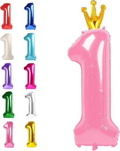 Pink Crown Number 1 Balloon 40 inch, Big Pink 1st Birthday Party Decorations | by Upgesy