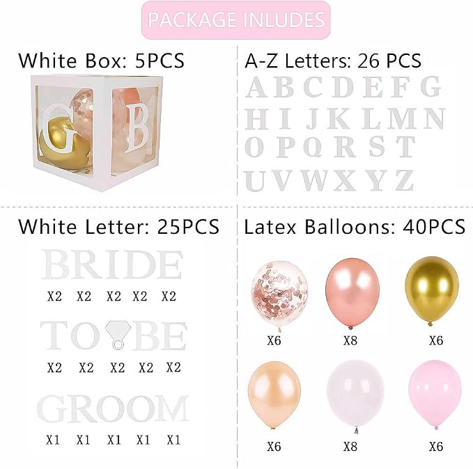96 PC Bridal Shower Decorations Balloon Boxes White- Transparent Block - Image 3