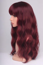 24 Inch Burgundy Wavy Wig with Bangs, Heat Resistant Synthetic Hair for Women, Adjustable Cap with Snap Clips for Daily Use, Wedding, Cosplay
