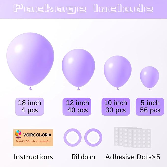 Voircoloria 130pcs Pastel Purple Balloons Arch Kit, 18 12 10 5 Inch | - Image 2