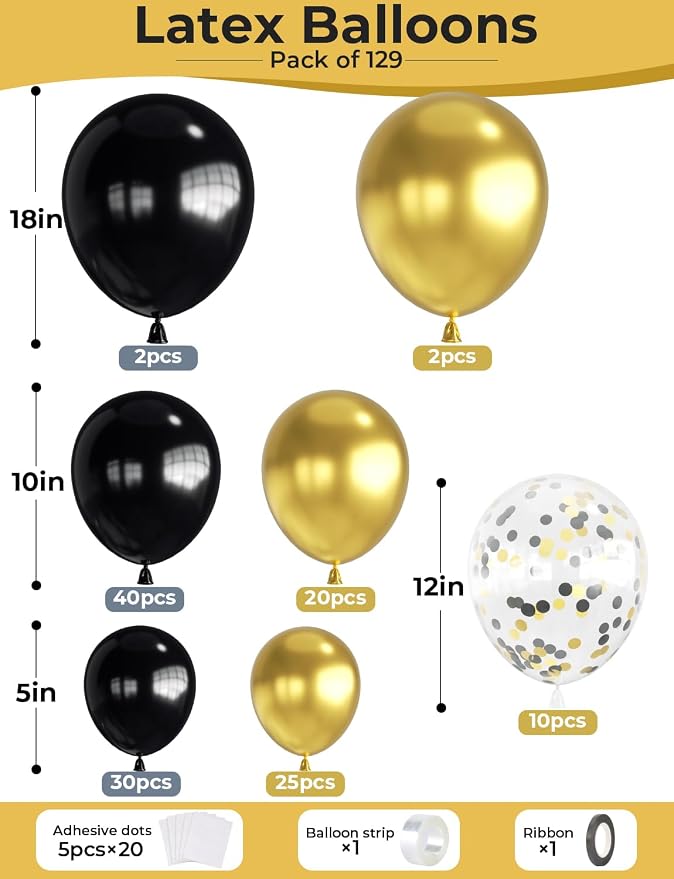 Black and Gold Balloon Arch Kit, Birthday Party Decor | 18/12/10/5 In Black - Image 4