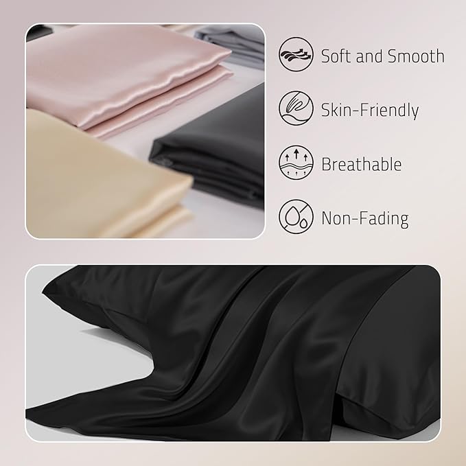 Mulberry Silk Pillowcase for Hair and Skin Prevent Acne Pillow Cases Both Sides Real Silk Pillowcases Organic Silk Pillowcase with Hidden Zipper, Black, King (20"×36")