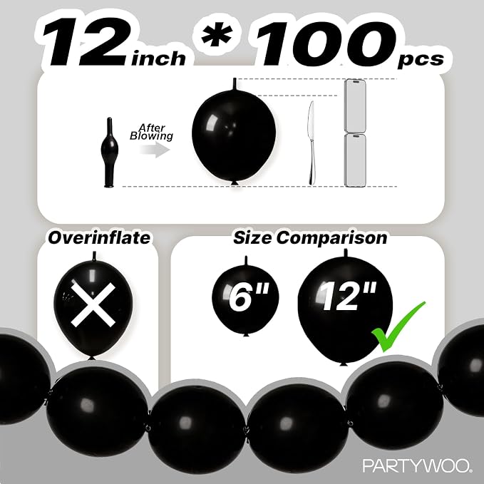 PartyWoo Black Linking Balloons 100pcs 12 Inch Black Link Balloons | - Image 4