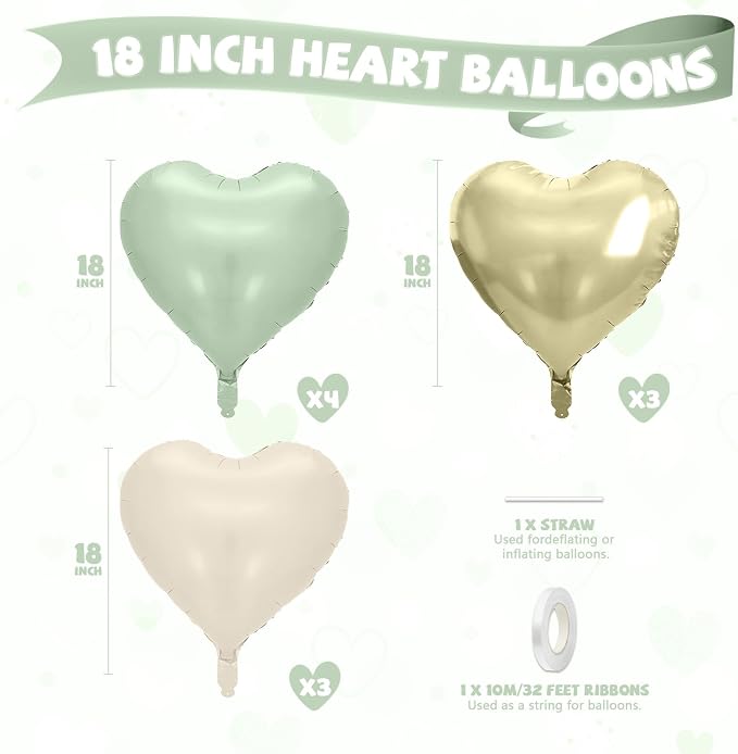 Sage Green Gold Heart Balloons, 18 Inch Olive Green Sand White Foil Balloons - Image 2