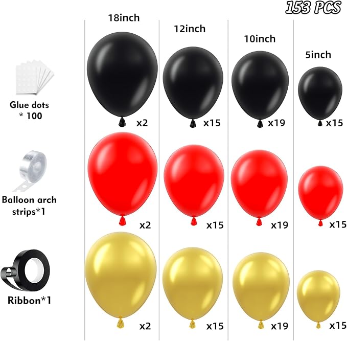 153Pcs Red and Black Gold Balloons Garland Arch Kit - Image 2