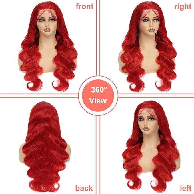 Red 13x6 Lace Front Wigs Human Hair Pre Plucked Body Wave Human Hair Wig Hot Red Lace Frontal Wigs For Black Women 180% Density 28 Inch