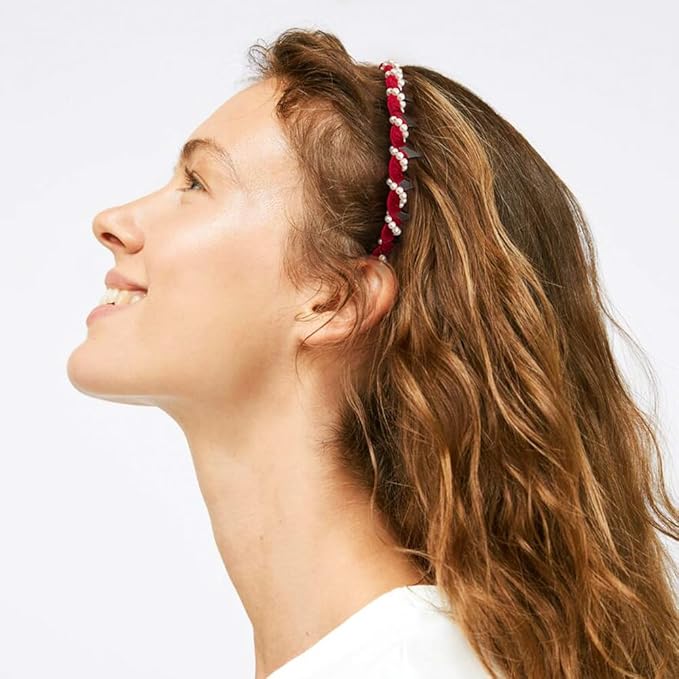 Vintage High Cranium Artificial Pearl Hairband, New Elegant Braided Pearls Headbands with Teeth for Women, Anti-slip Decorative Hair Bands Fashion Hair Accessories Gifts (Black+Burgundy, One Size)