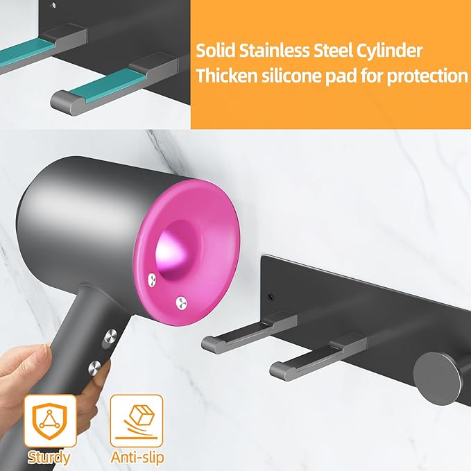 Hair Dryer Holder Wall Mounted with 4-Adsorption, Self Adhesive Blow Dryer Holder for Power Plug, Diffuser and Nozzles Accessories Organizer, Matte Black