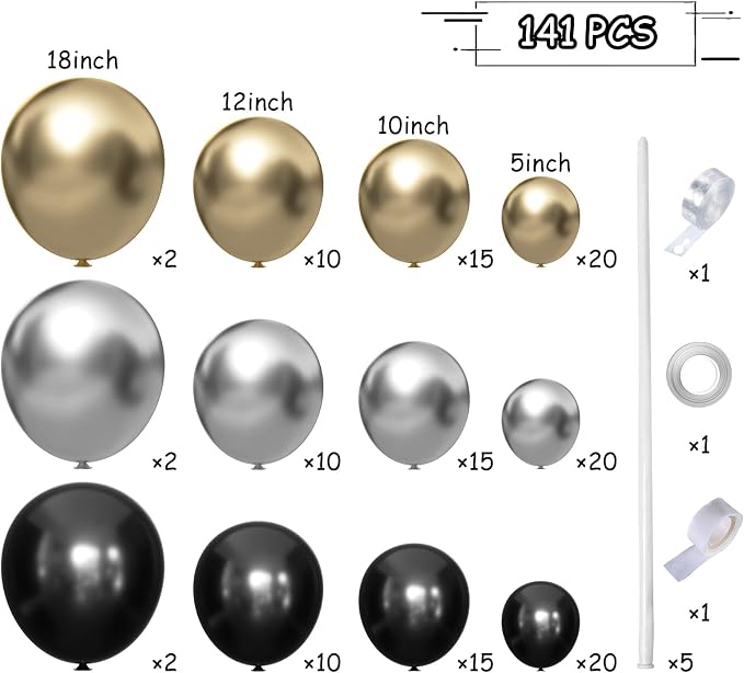 MEBAY Black Gold Silver Balloons Garland Arch Kit, Wedding Backdrop, Baby Shower - Image 2